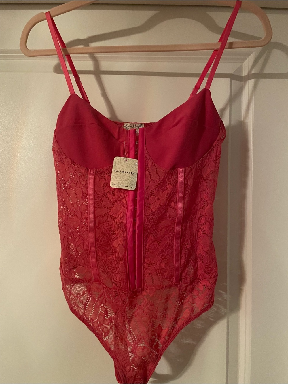 Intimately by Free People Sheer Lace Chemise Bodysuit in Hot Pink